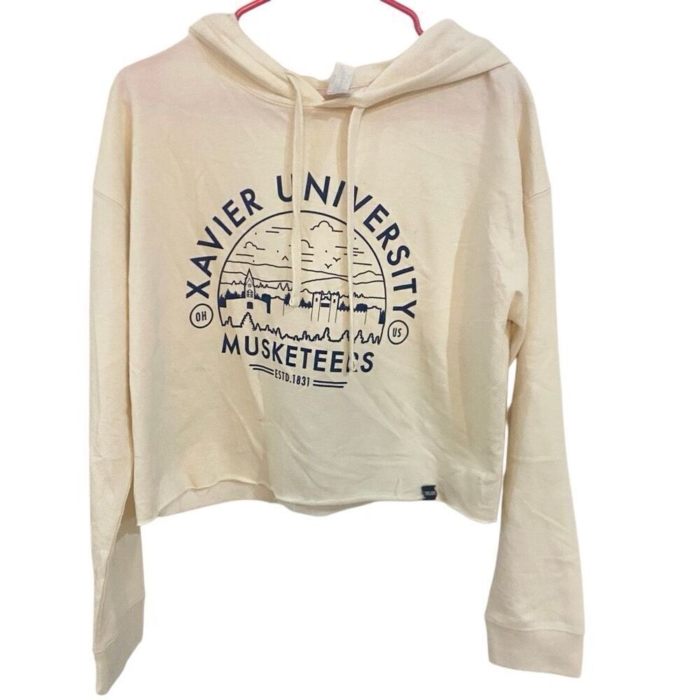 US Cape apparel Xavier university medium cropped hoodie sweater cream blue